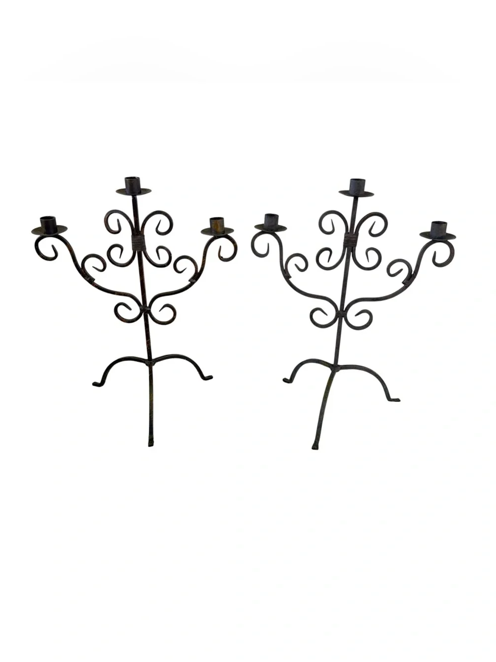 Vintage Wrought Iron Candelabra 3 Candle Holders Heavy Black Gothic Rustic